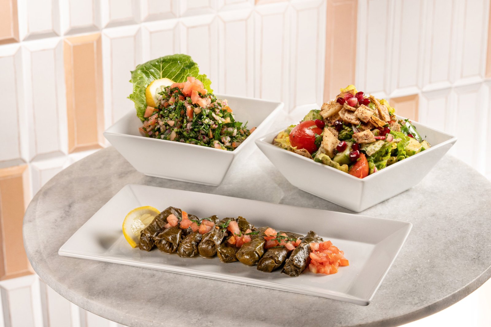 Smoked Warak Enab Bil Zeit, Tabbouleh and Fattoush Salad at Pine Bistro (©Key Lime Photography)